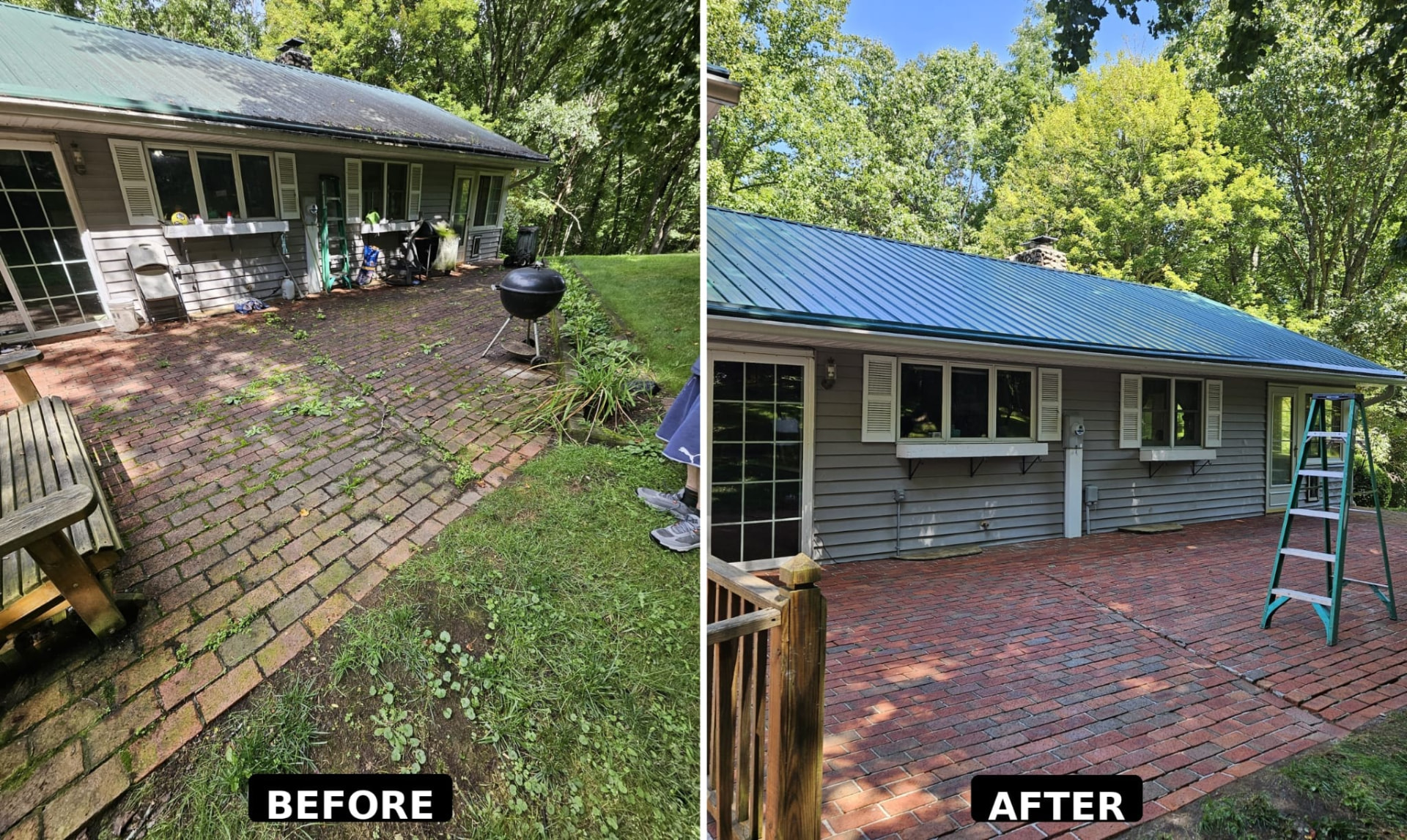 Before and after cleaning a moss-covered brick patio, roof and home exterior