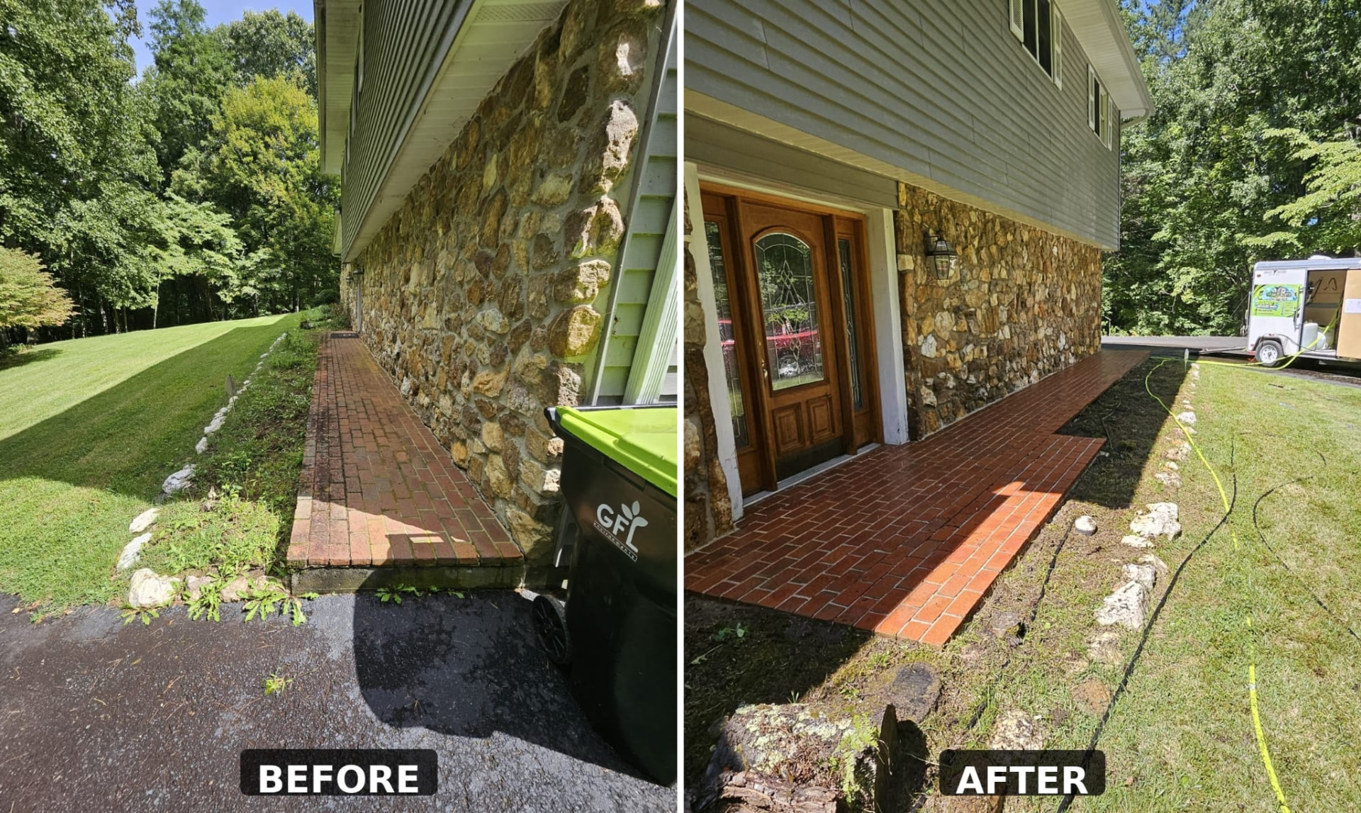 Before and after cleaning a brick walkway and stone foundation wall