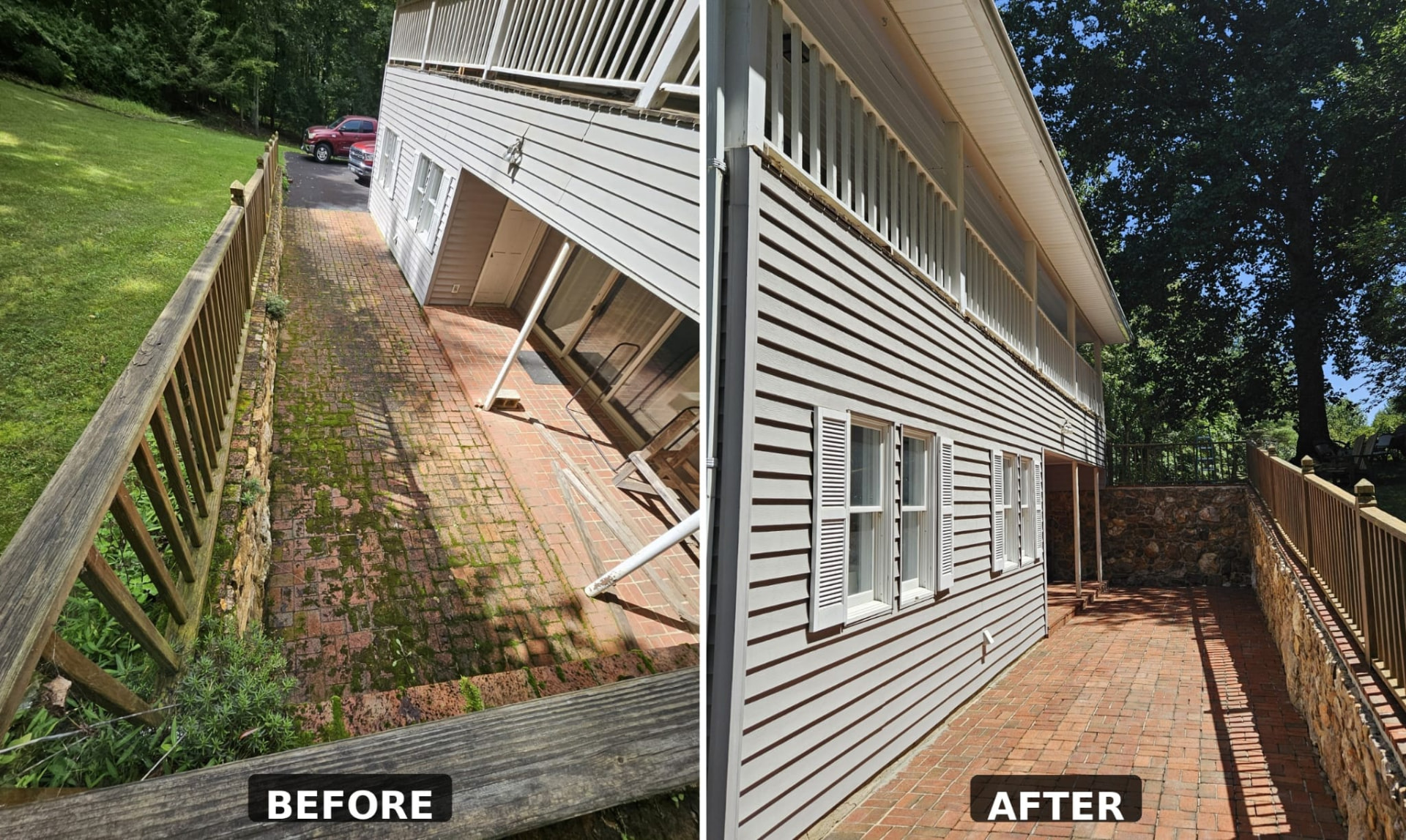 Before and after washing white vinyl siding, porch and brick walkway