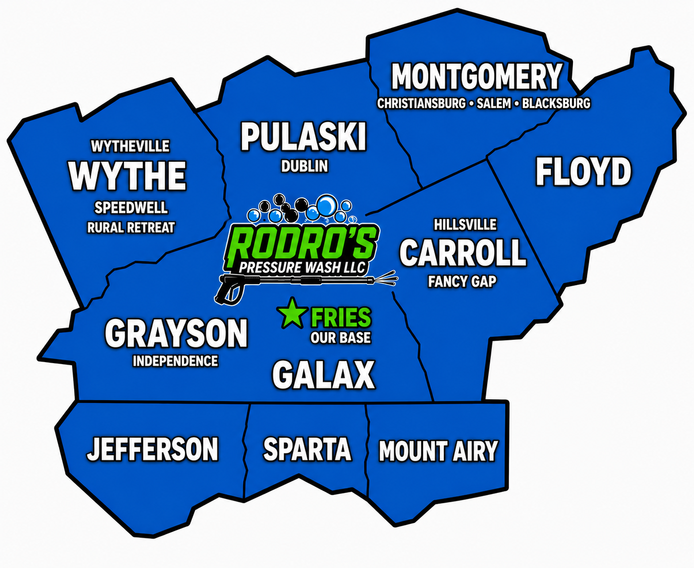 Rodro's Pressure Wash LLC service area map covering Southwest Virginia and Northwest North Carolina