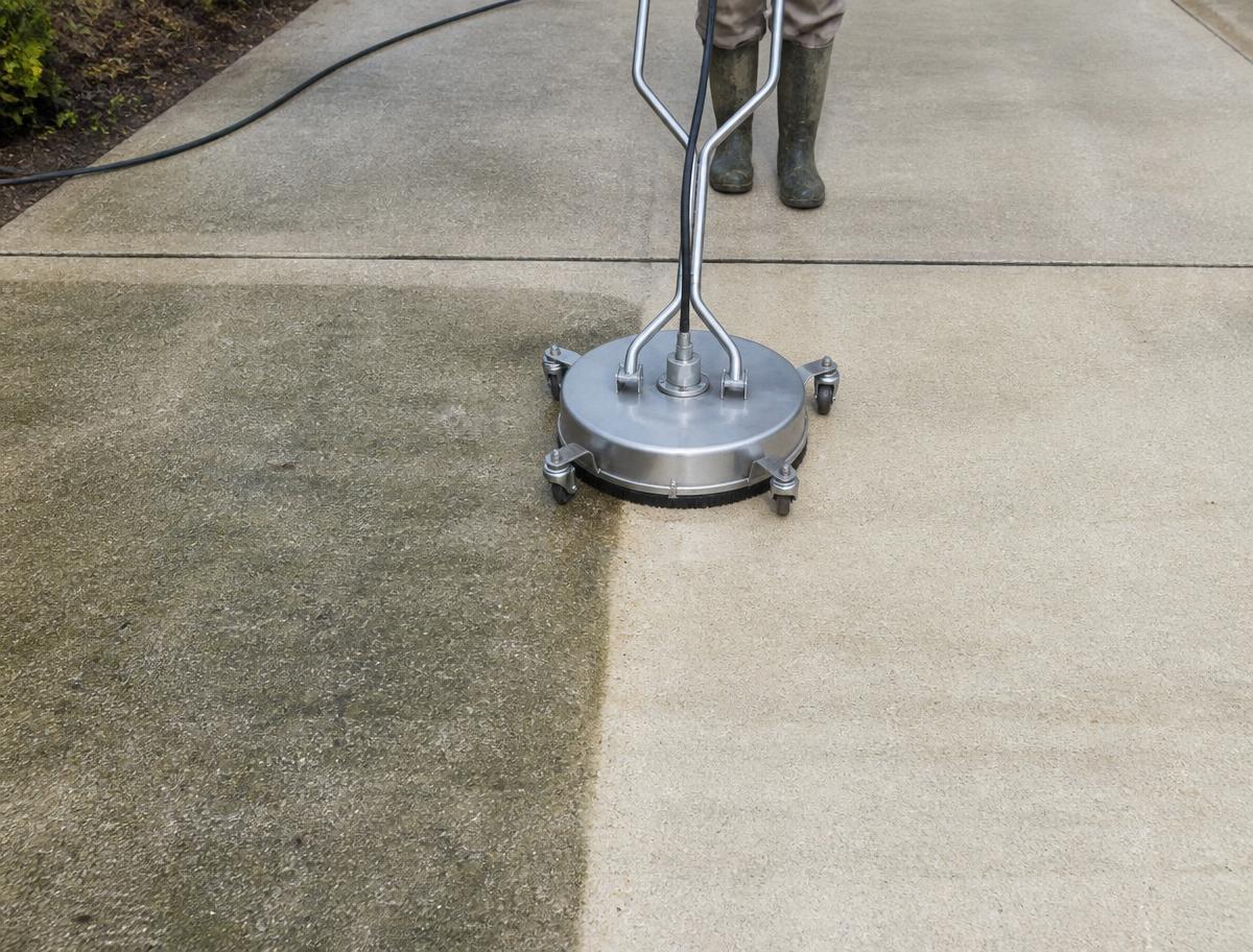 Concrete driveway during surface cleaning