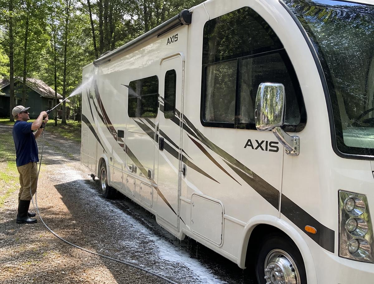 Camper exterior being washed